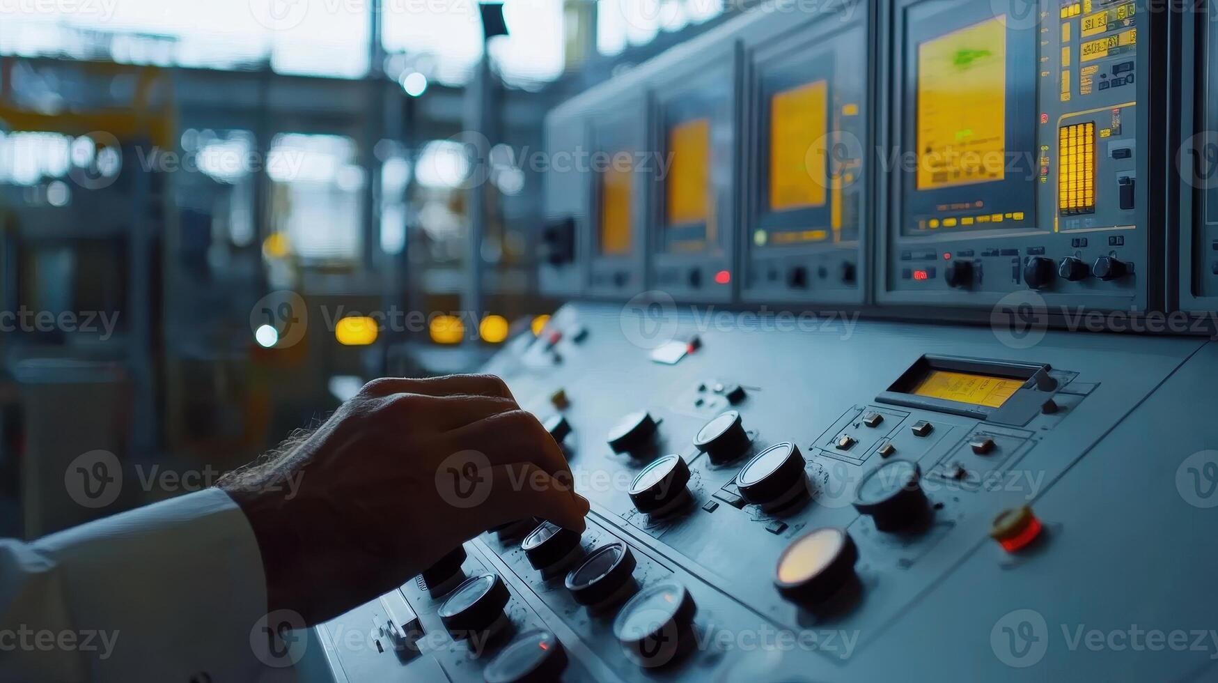 A hand adjusting controls on an industrial panel with glowing displays in a factory setting photo