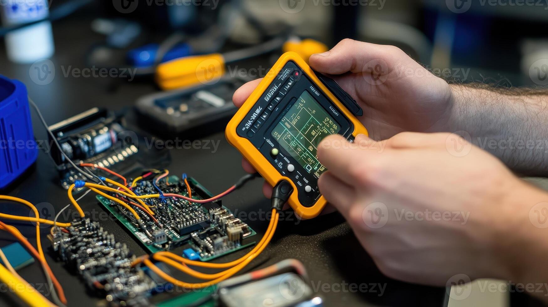 A person using a device to analyze electronic components on a workbench photo