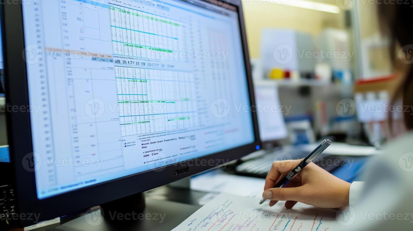A person reviewing data on a screen while taking notes on a document photo