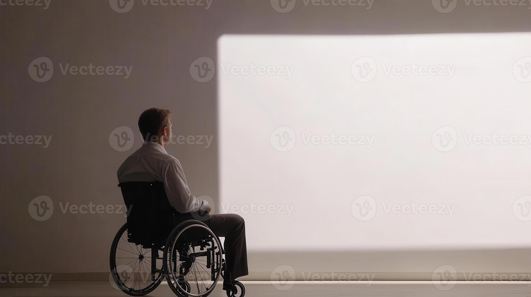 A man in a wheelchair gazes at a light projection on a wall, symbolizing hope and reflection photo