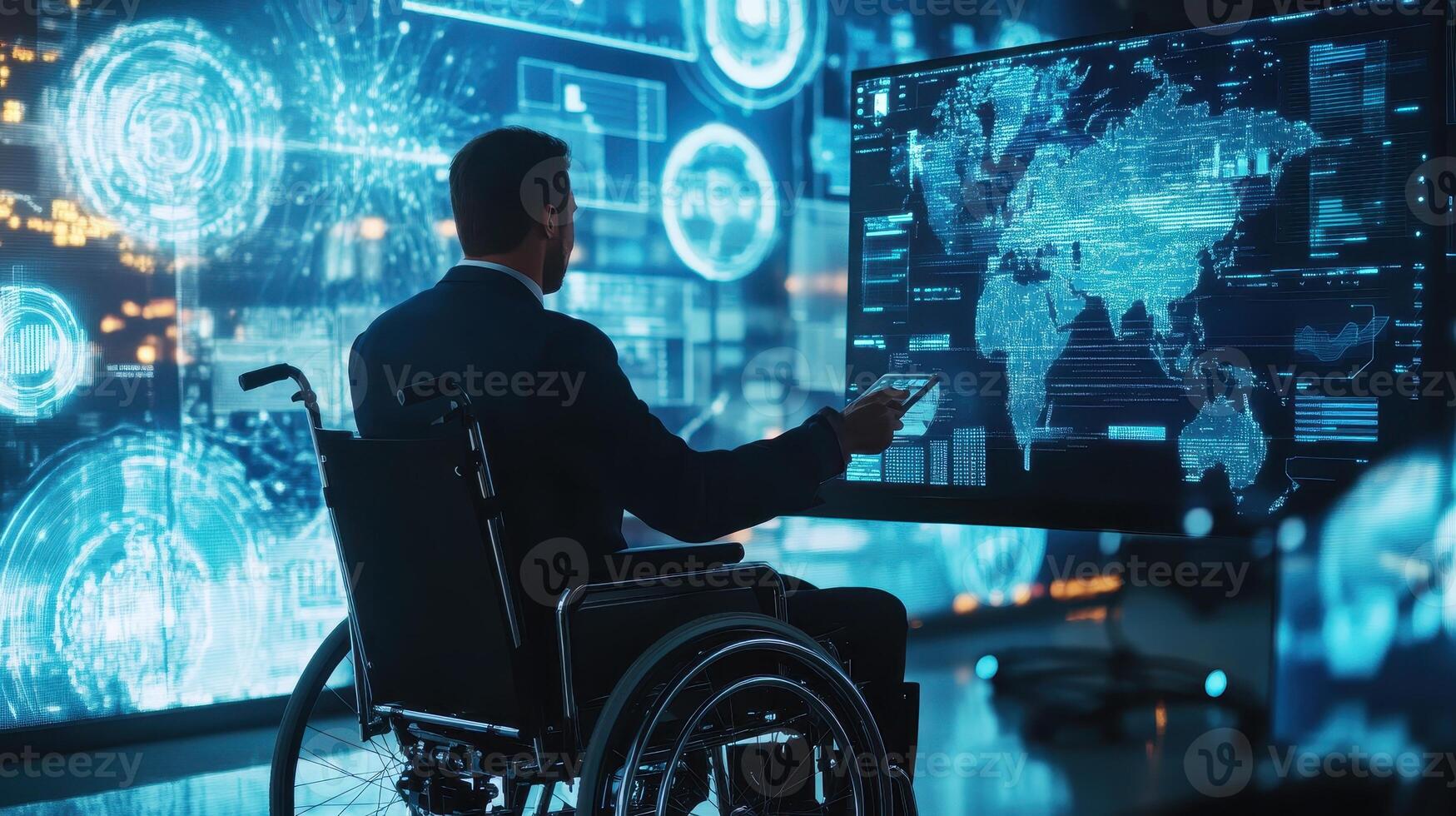 A person in a wheelchair interacts with a digital interface displaying global data photo