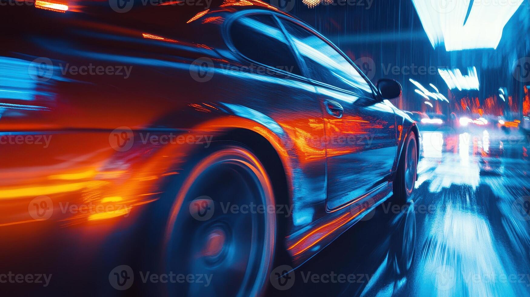 A dynamic shot of a car speeding through a neon-lit urban environment at night photo