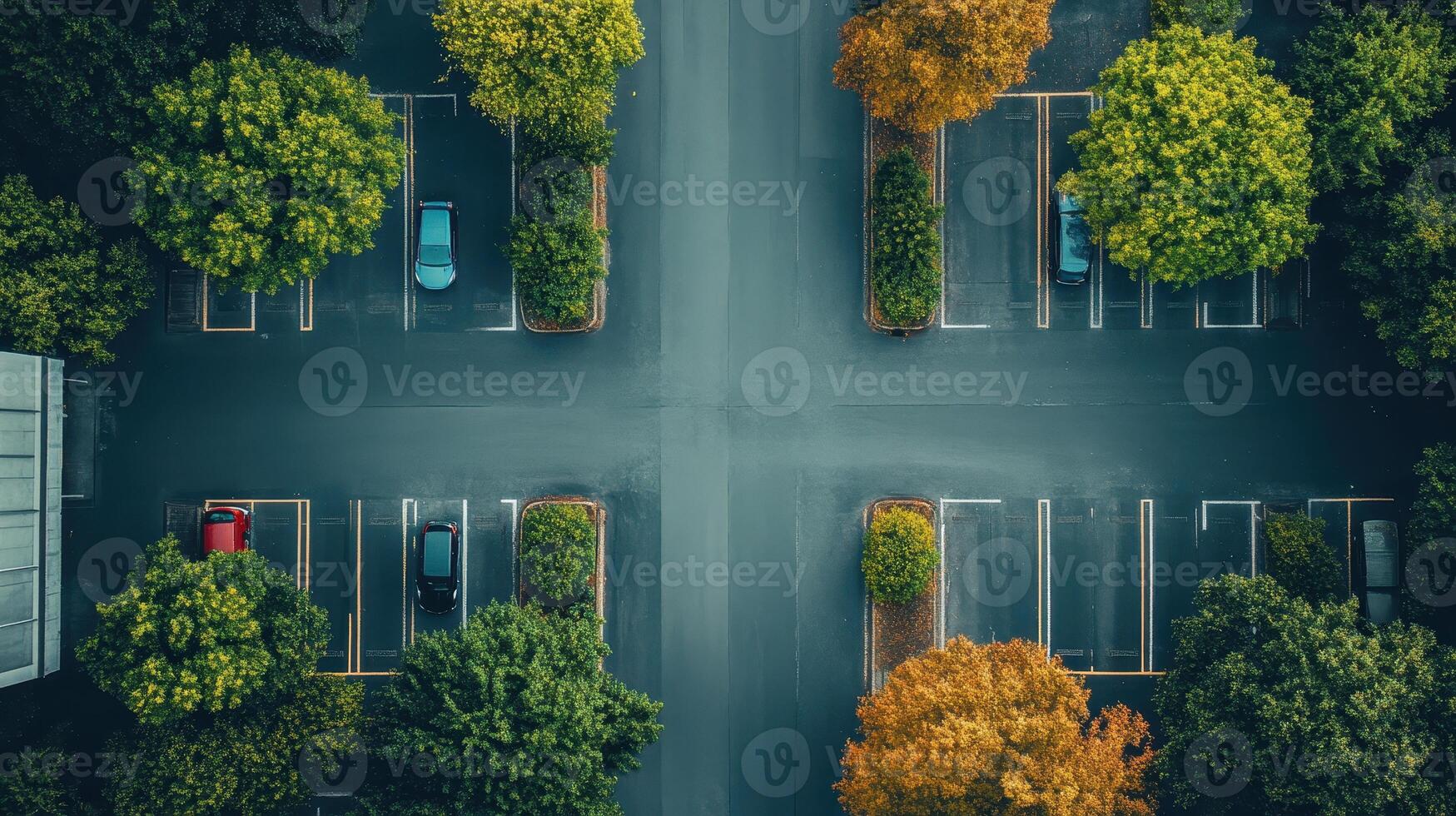 Aerial view of a parking lot surrounded by trees in various autumn colors photo