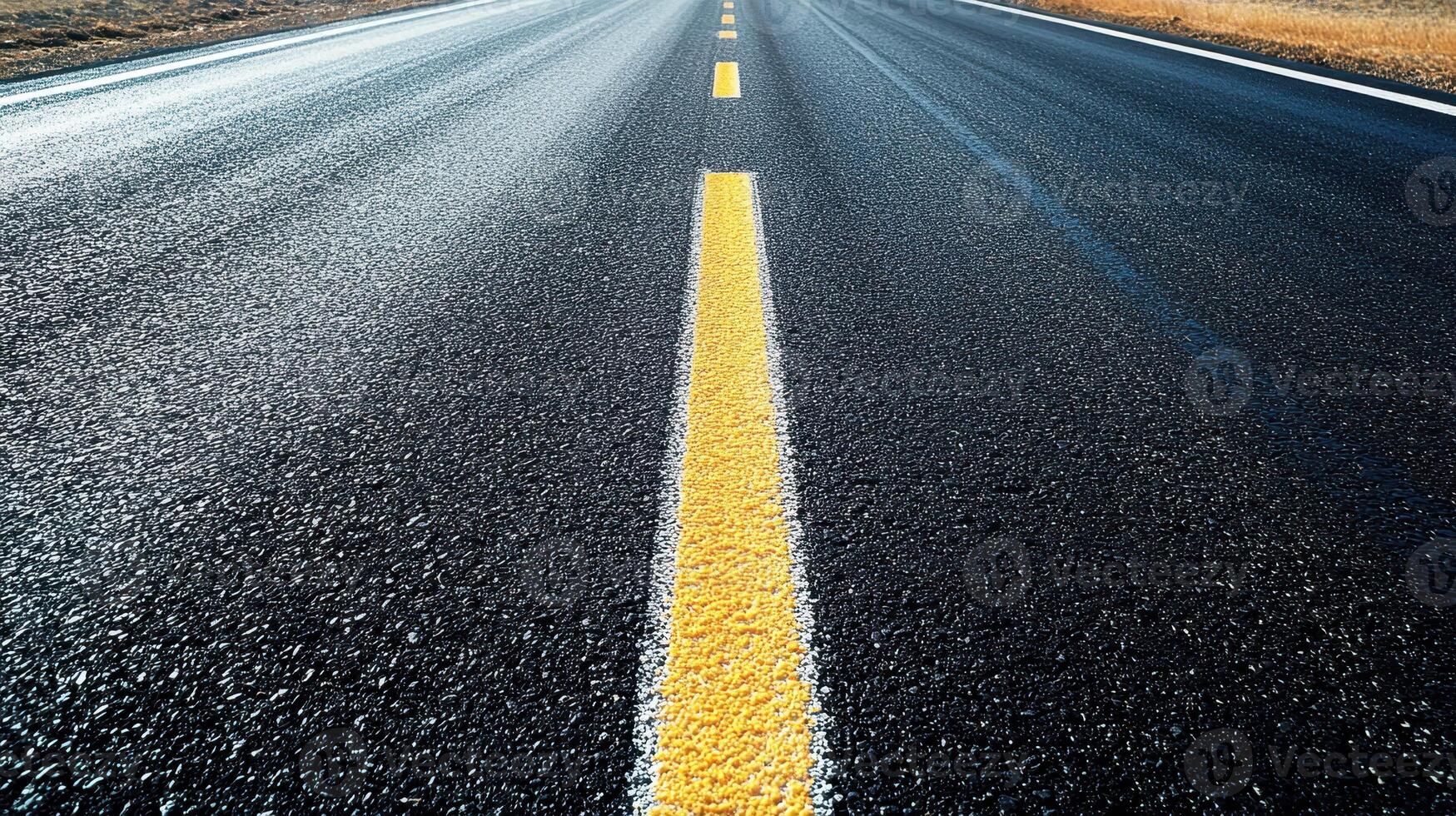 A close-up view of a straight road with a yellow centerline and asphalt surface photo