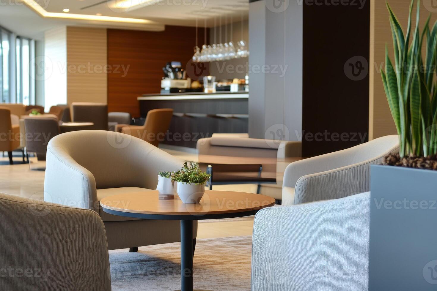 Modern lounge area with comfortable seating and a bar in the background photo