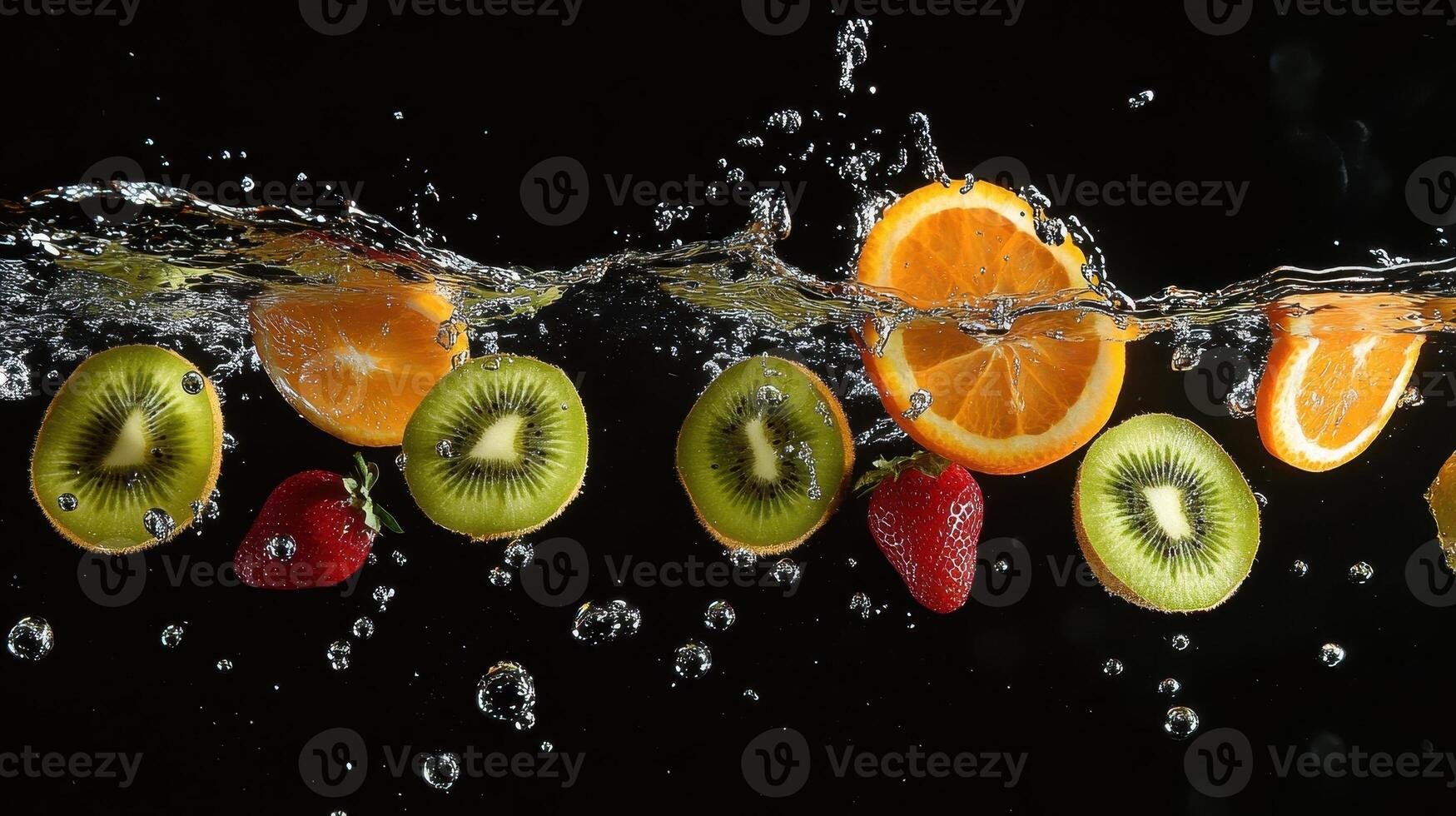 A vibrant splash of fruits, showcasing oranges, kiwis, and strawberries in water photo