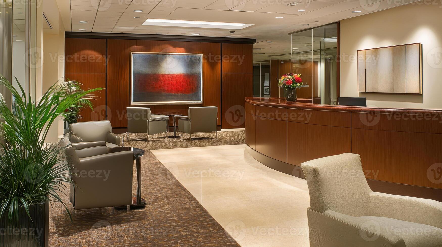 Modern office reception area with seating and artwork, photo