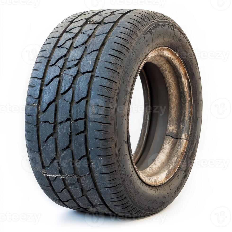 A worn-out tire with visible tread patterns, showcasing its use and wear photo
