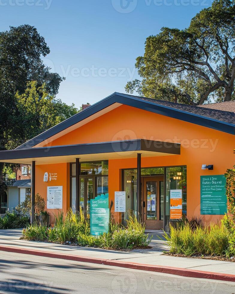 A modern building with an orange facade and greenery, serving as a community center. photo