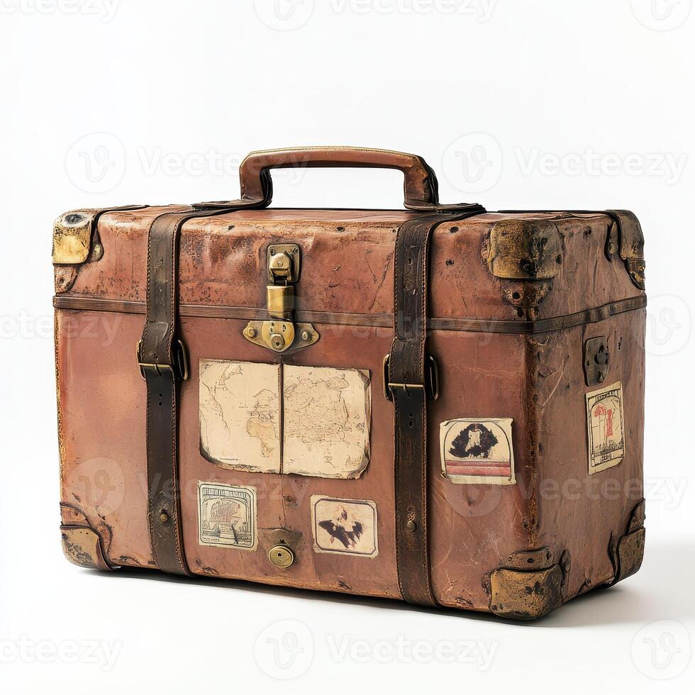 A vintage leather suitcase adorned with travel stickers, symbolizing adventure and exploration photo