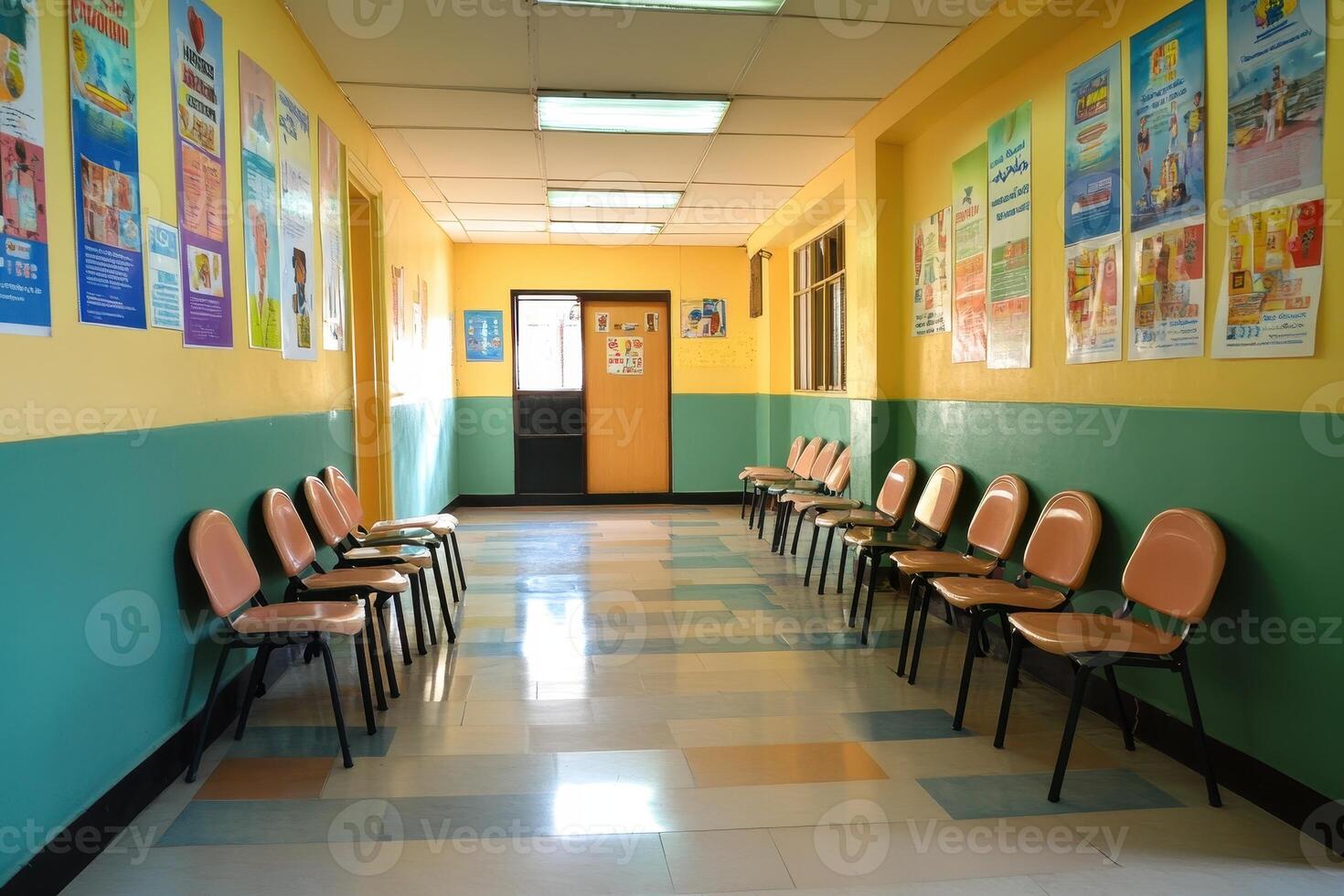 A hallway with empty chairs and colorful posters, likely in a waiting area photo