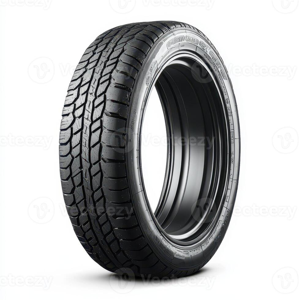 A single car tire displayed upright, showcasing its tread pattern and design photo