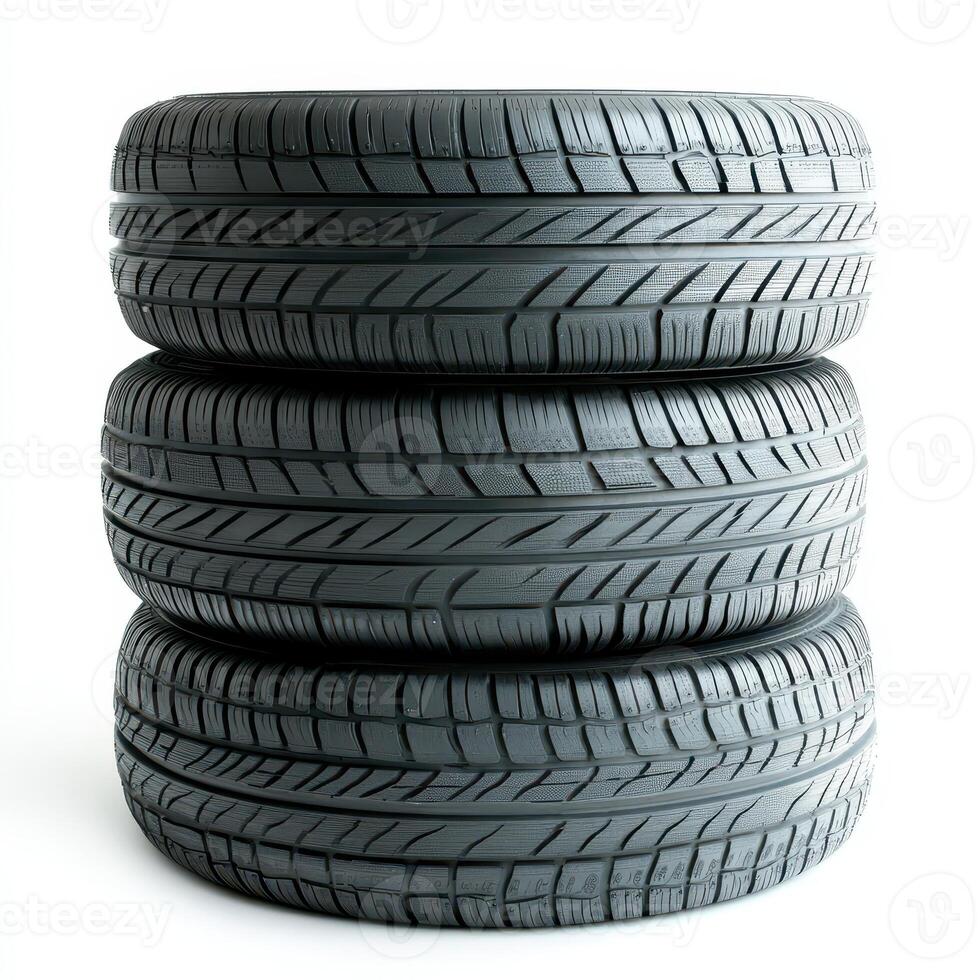 Three stacked tires showcasing tread patterns for vehicles photo