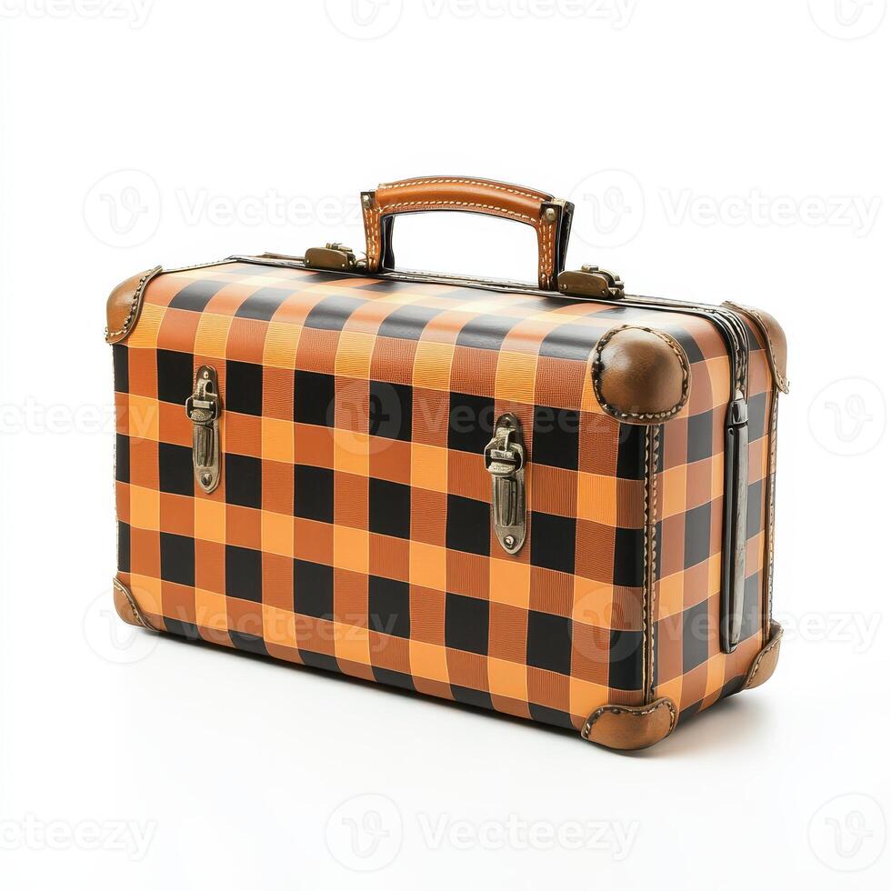 A stylish orange and black checkered suitcase with leather accents, ideal for travel photo