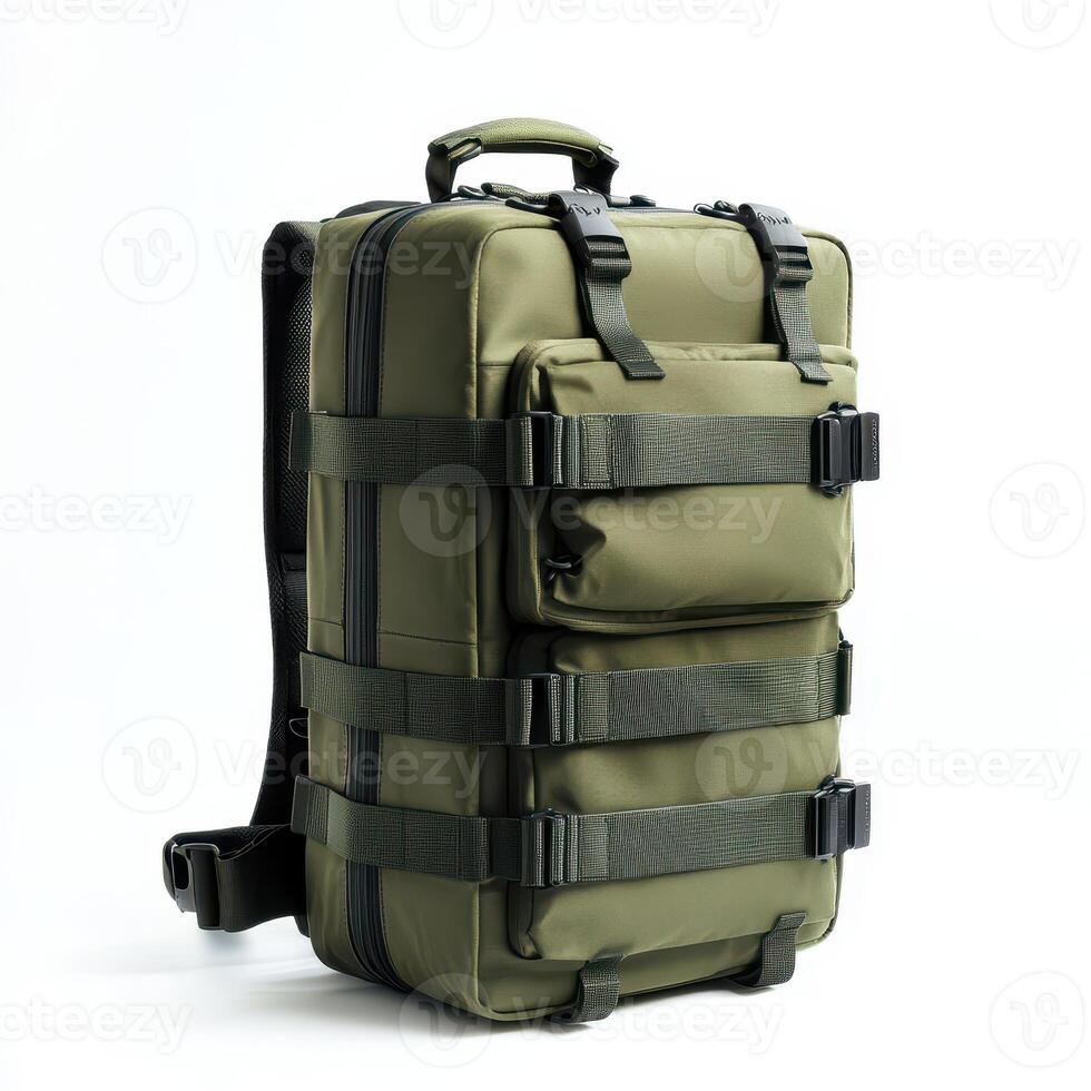 A sturdy olive green backpack with multiple compartments and adjustable straps photo