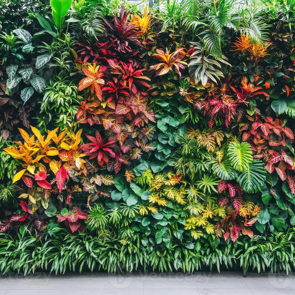 A vibrant vertical garden featuring a variety of colorful plants and foliage photo