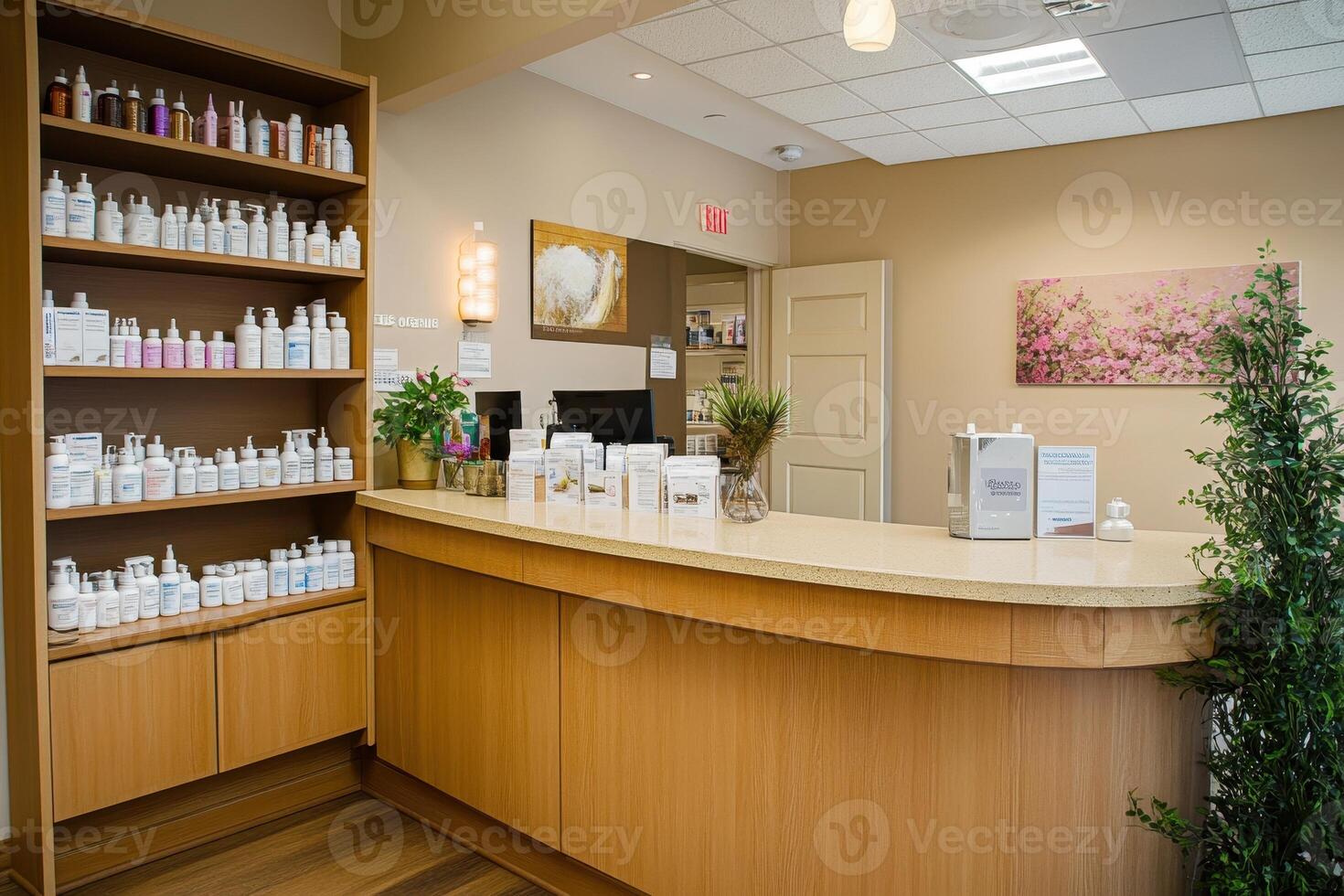A serene reception area with shelves of skincare products and a welcoming counter photo