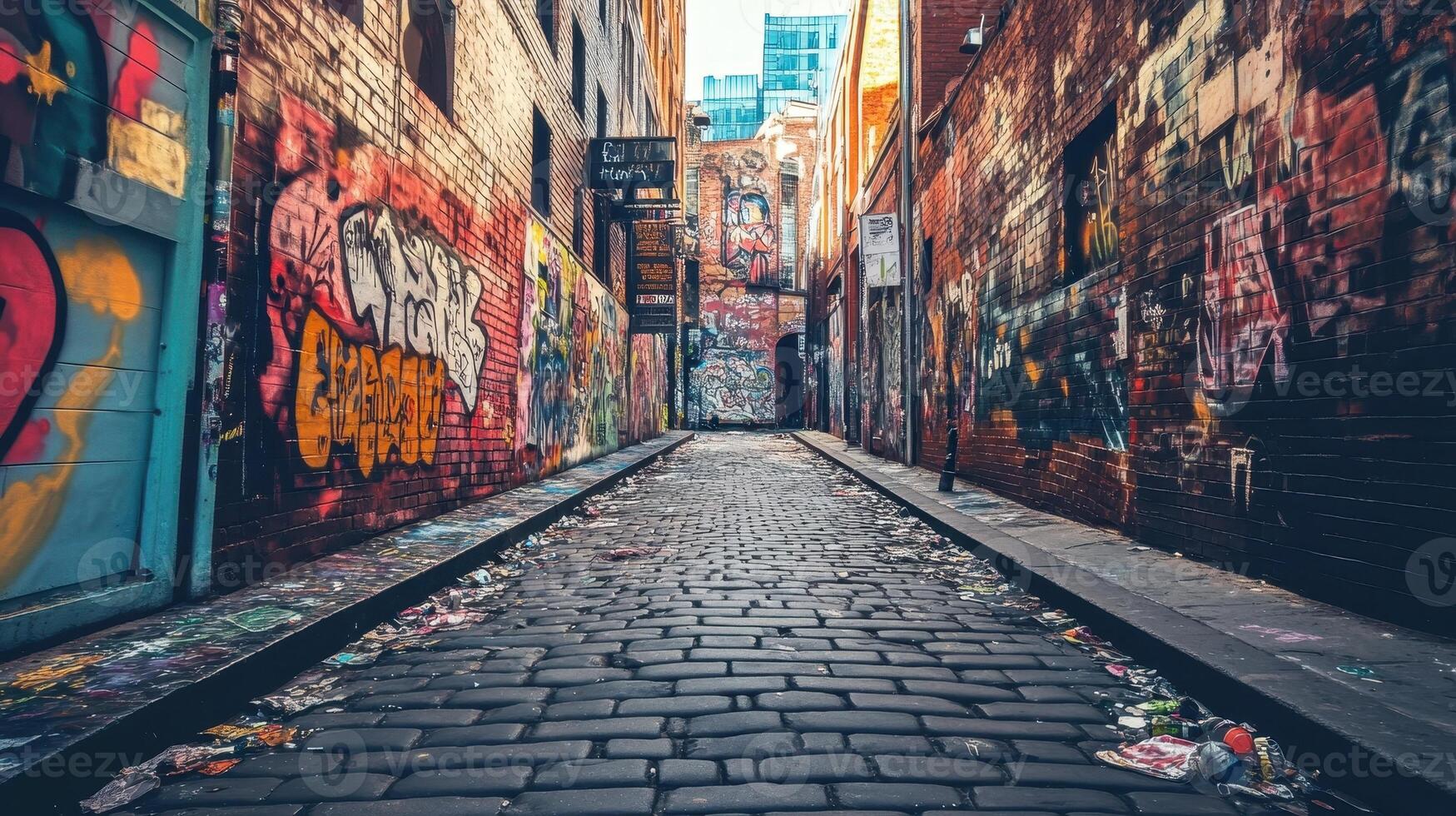 A vibrant urban alleyway adorned with colorful graffiti and scattered debris photo
