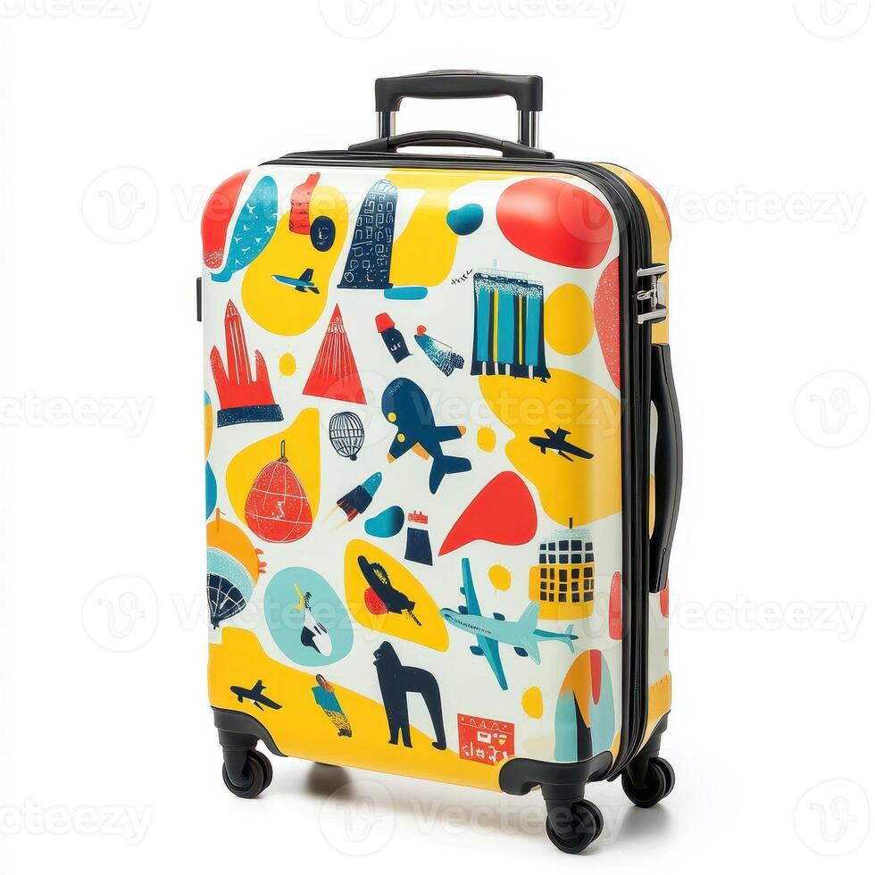 A colorful suitcase featuring travel-themed graphics and patterns photo