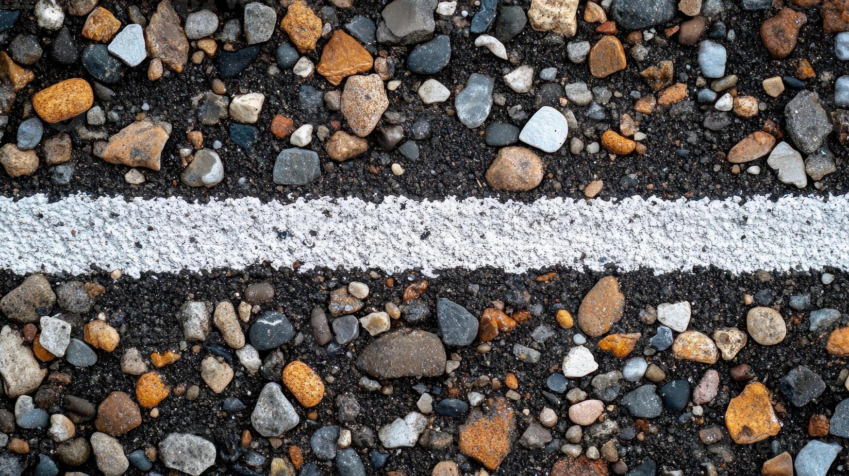 Close-up of a gravel surface with a white line, showcasing textures and colors of stones photo