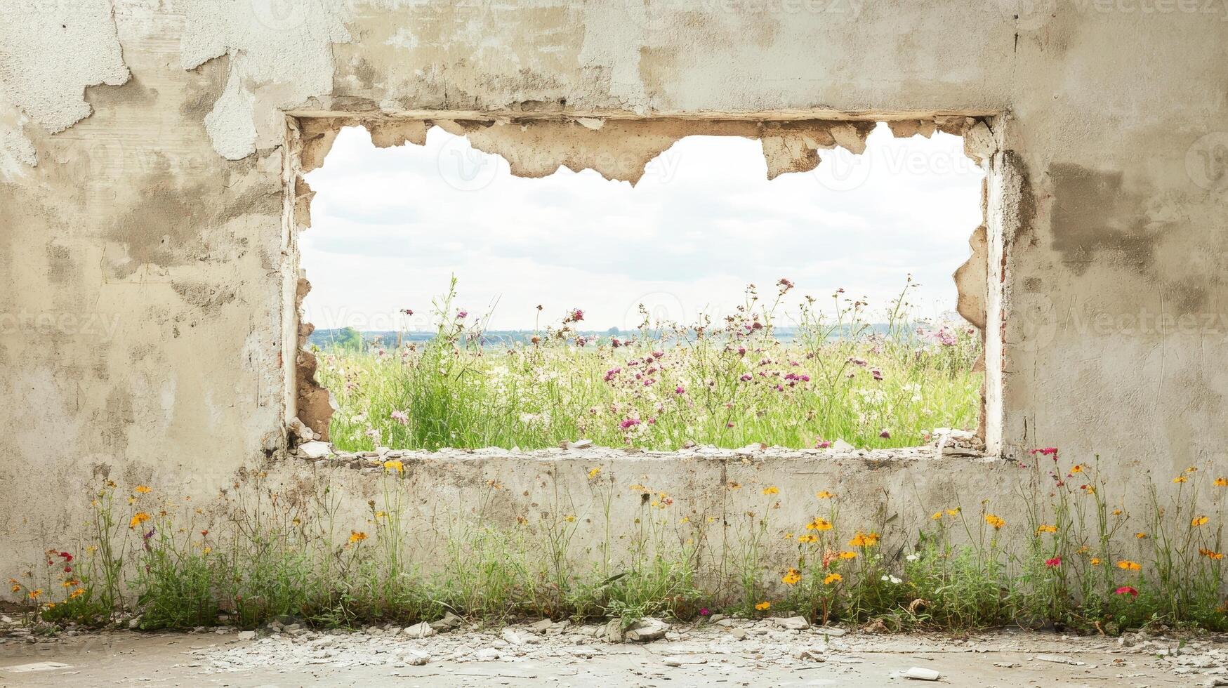 A broken wall frame revealing a vibrant field of wildflowers and greenery beyond photo