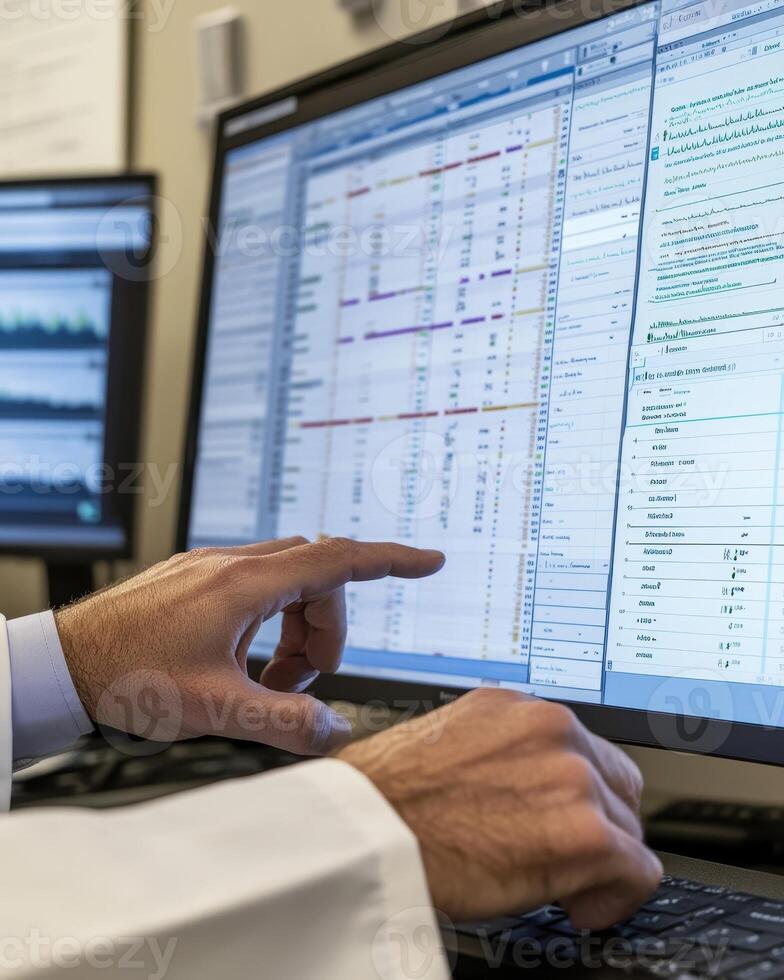 A person interacting with a computer screen displaying data and charts for analysis photo