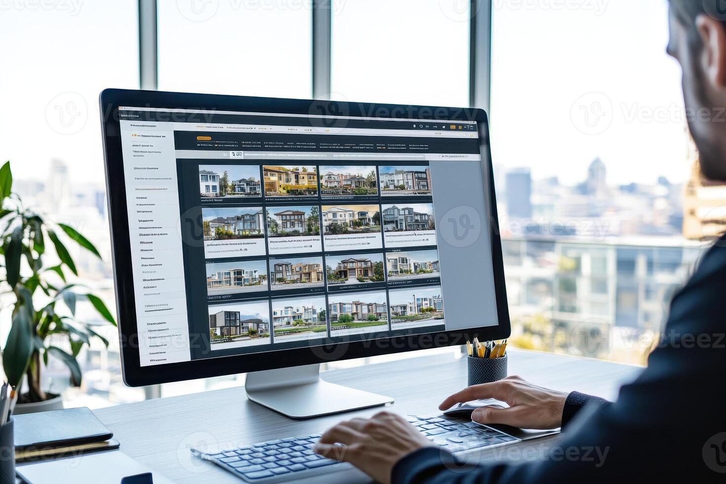 A person working on a computer displaying real estate listings in a modern office. photo