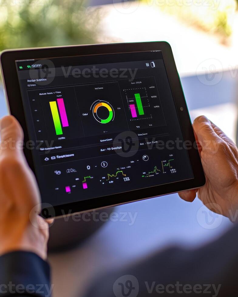 A person holds a tablet displaying data analytics and performance metrics photo