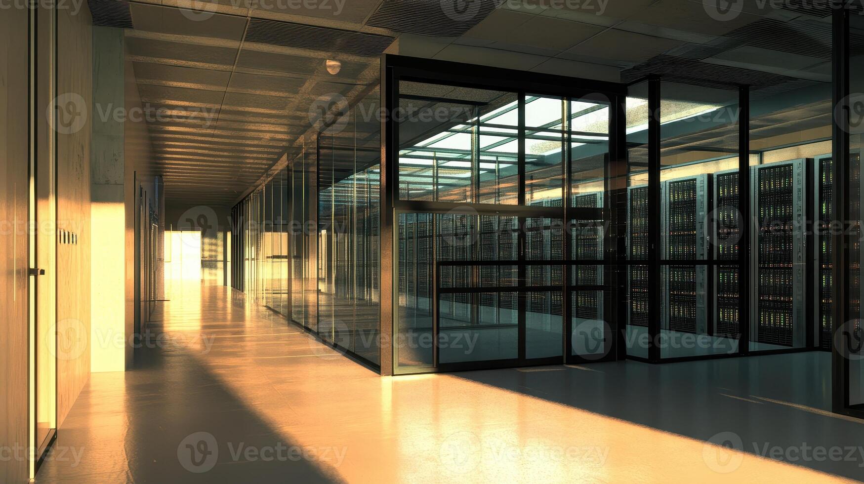 A modern corridor with glass walls and shelves, illuminated by soft sunlight photo