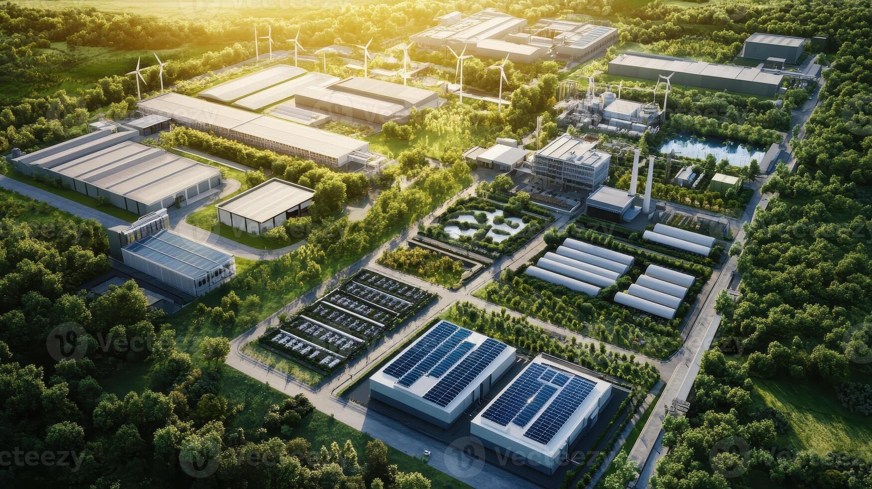 Aerial view of an industrial complex with renewable energy sources and greenery photo