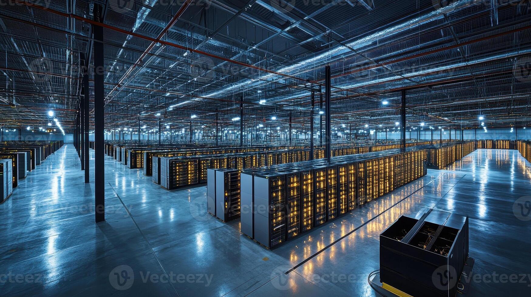 A vast data center filled with server racks, showcasing advanced technology infrastructure photo