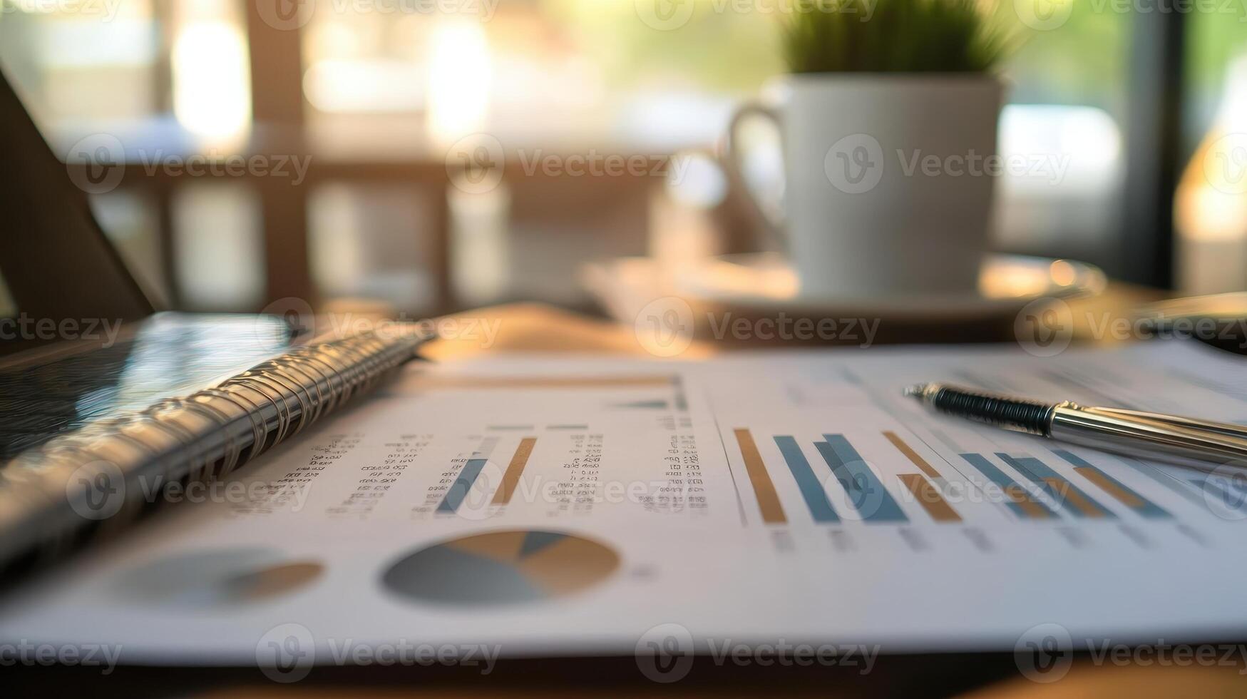 A close-up of business documents with charts, a pen, and a coffee cup in a workspace photo