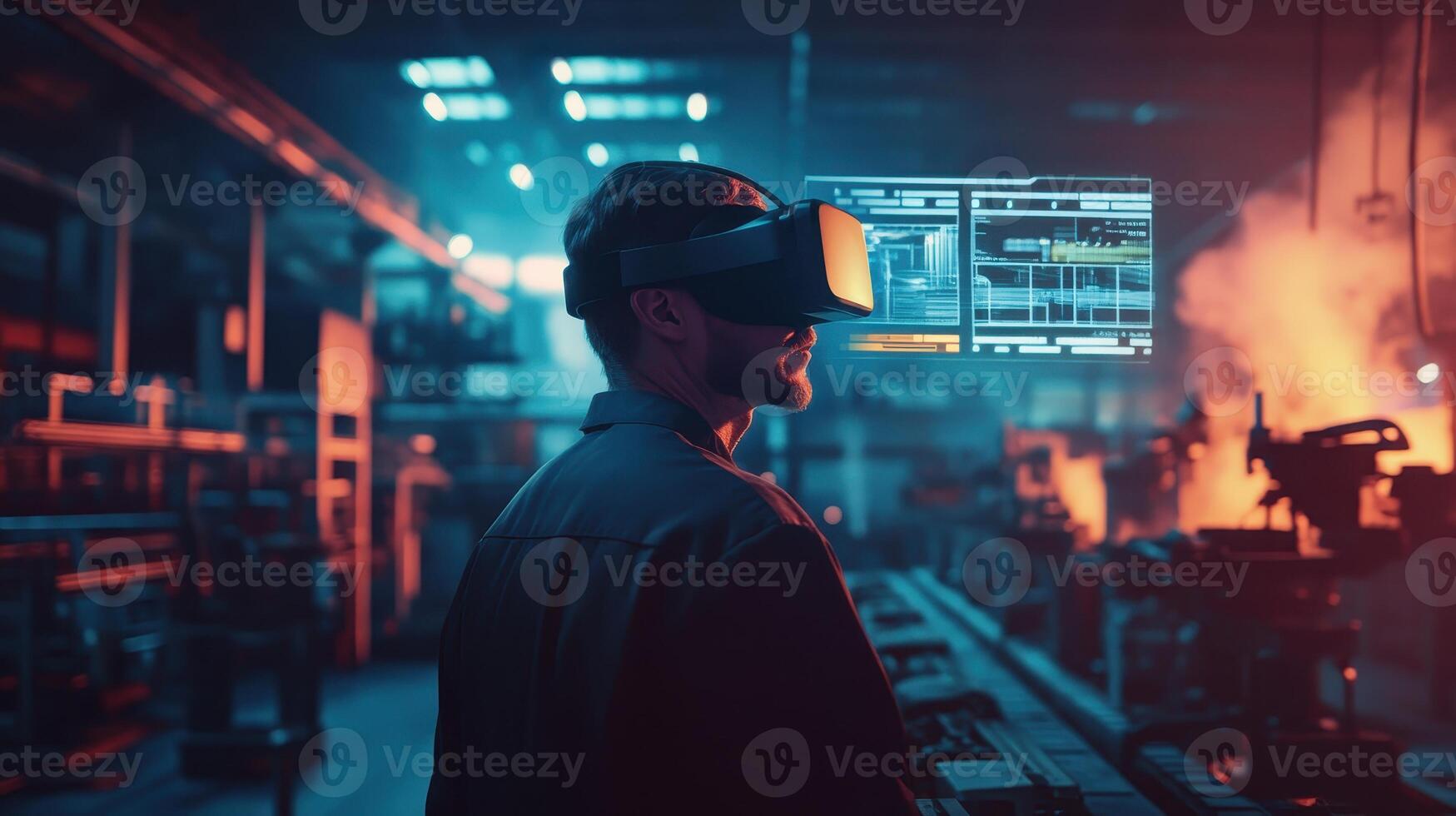 A person using virtual reality in an industrial setting for training or design purposes photo