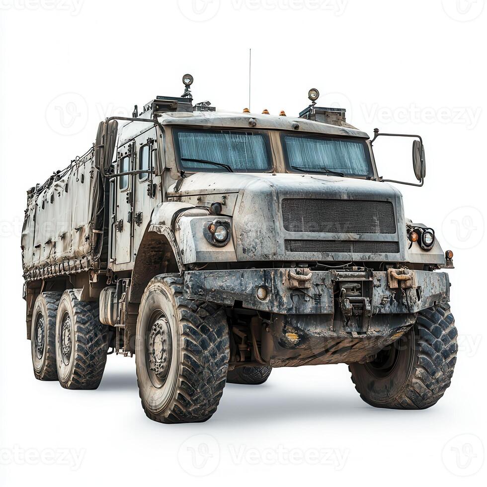 A rugged military-style truck with a dirty exterior, designed for tough terrain and transport photo