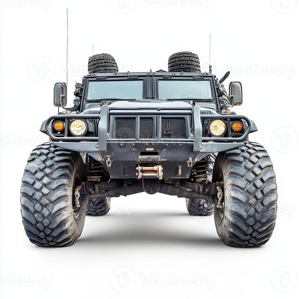A rugged military-style vehicle with large tires, designed for off-road and tactical use photo