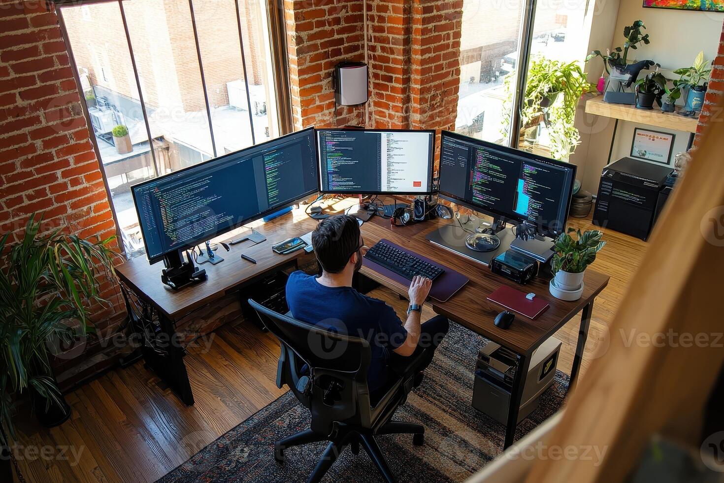 A person working at a desk with multiple monitors in a modern workspace photo