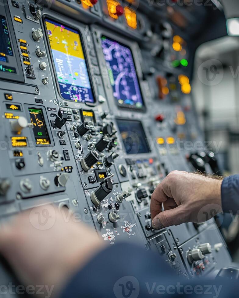 A close-up of an aircraft cockpit control panel with various instruments and displays photo
