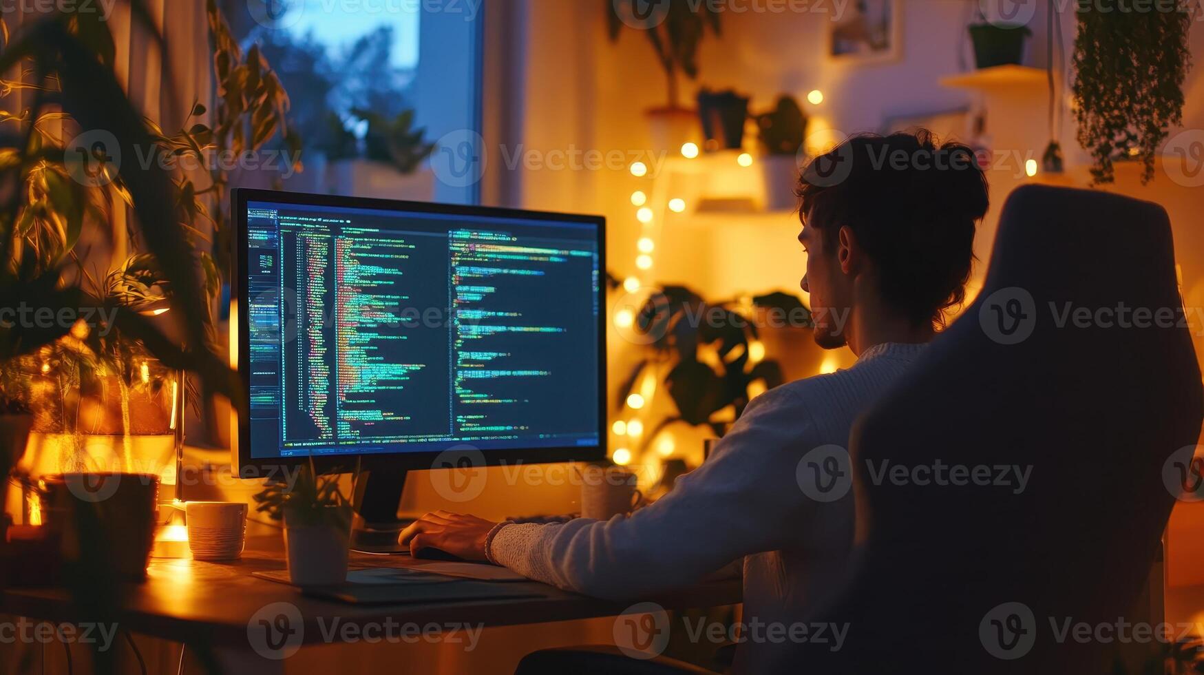 A programmer working at a computer in a cozy, plant-filled room with ambient lighting photo