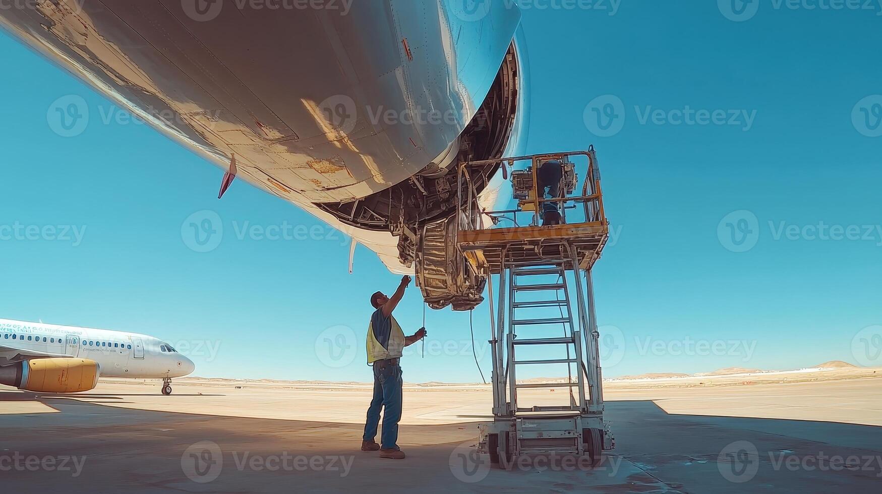 A technician inspects an aircraft engine using a ladder at an airfield photo