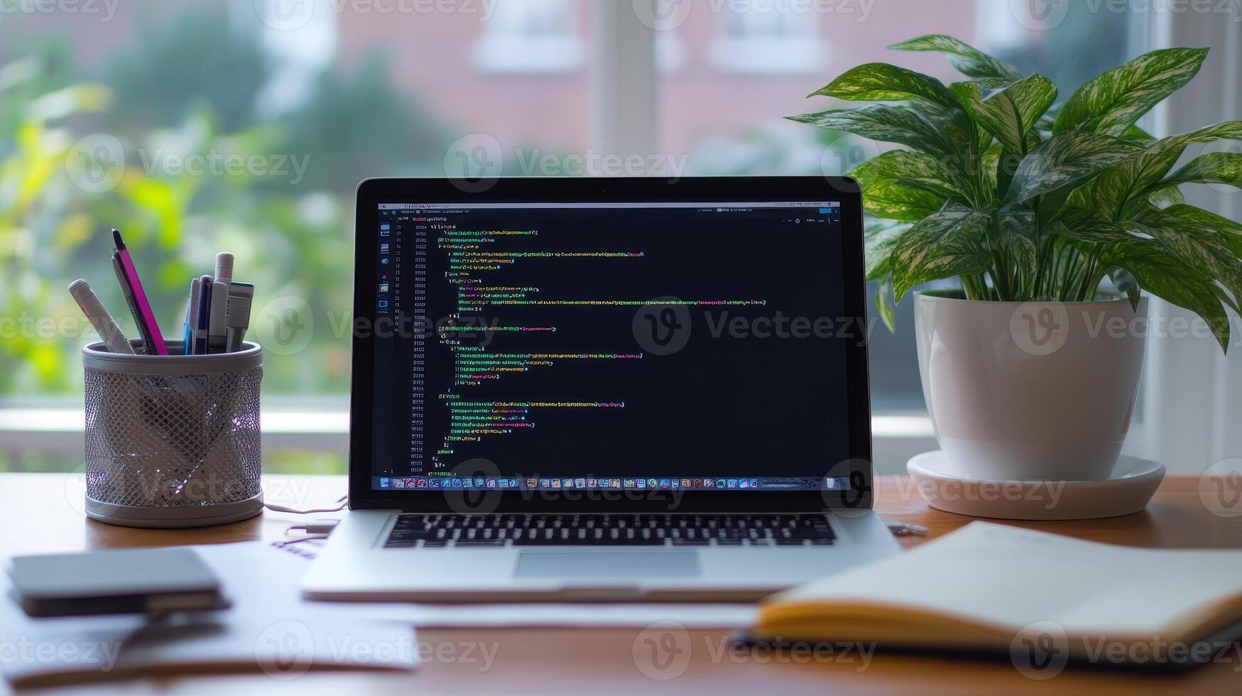A workspace featuring a laptop displaying code, surrounded by stationery and plants photo