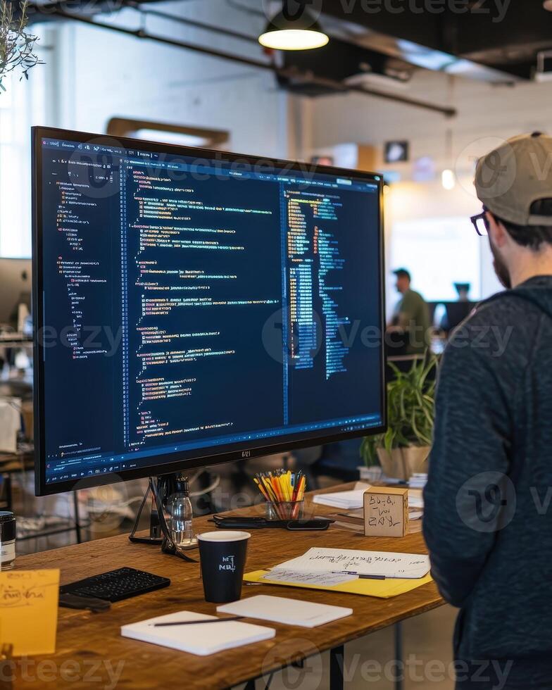 A person coding at a desk with a large monitor displaying programming code photo