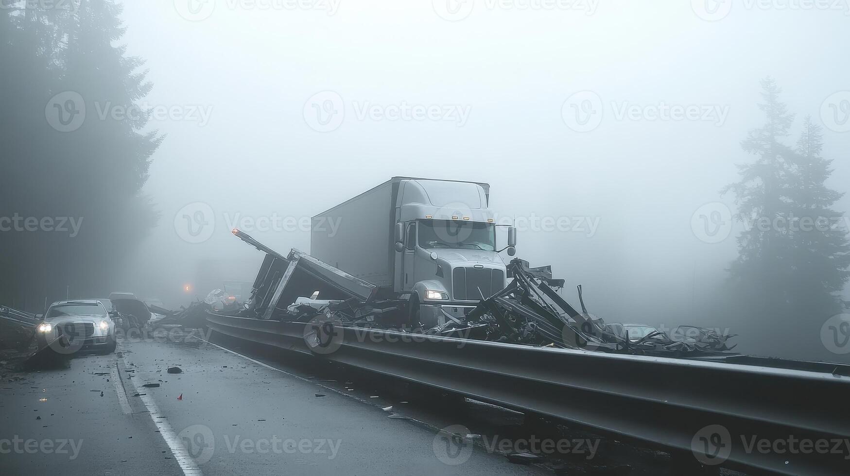 A truck accident scene on a foggy highway with damaged vehicles and debris photo