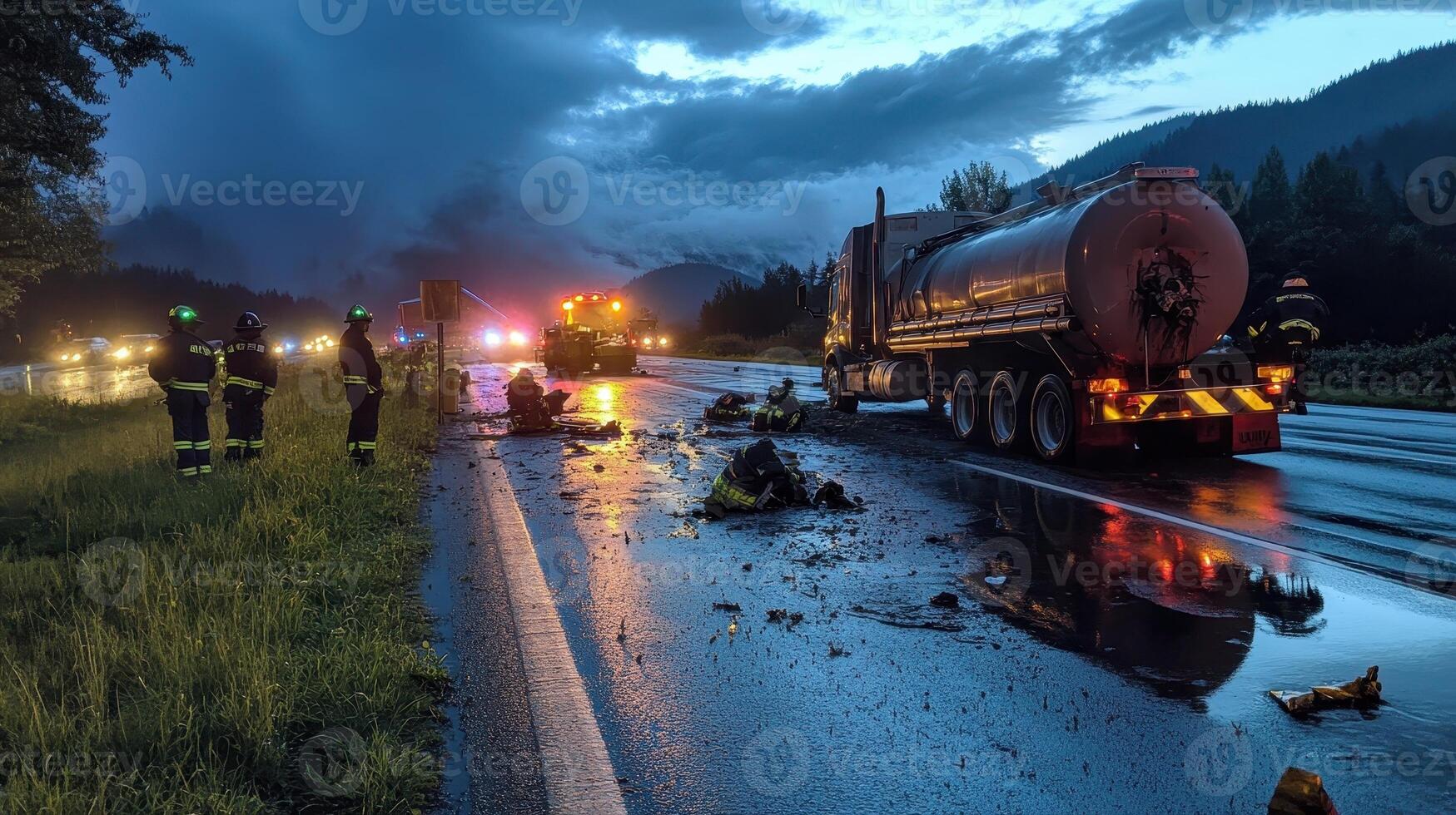 Emergency responders at a truck accident scene on a wet road during twilight photo