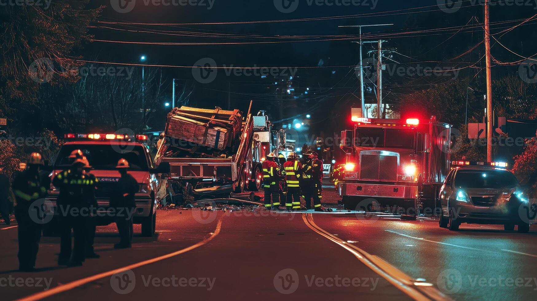 Emergency responders at a nighttime accident scene with vehicles and debris on the road photo