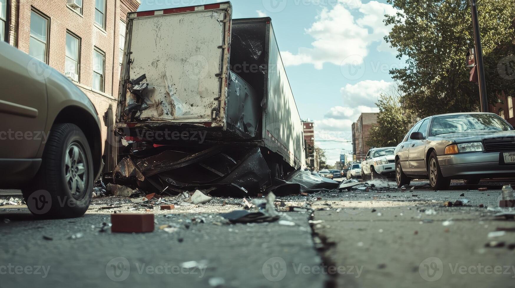 A damaged truck on a city street, surrounded by debris and parked cars photo