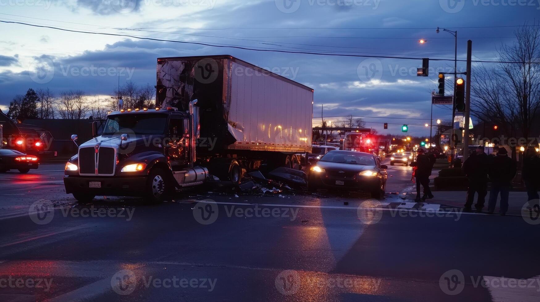 A truck and car collision at an intersection during twilight, with emergency responders present photo