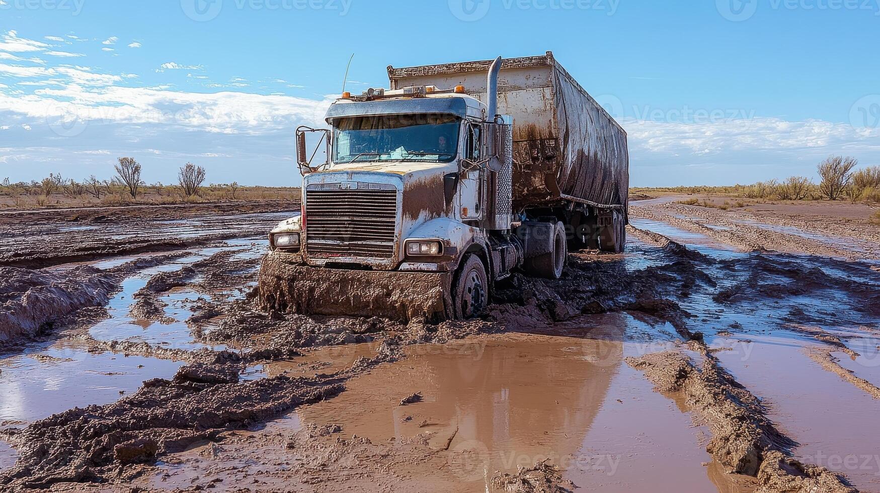 A truck stuck in muddy terrain, highlighting challenges in transport and logistics photo
