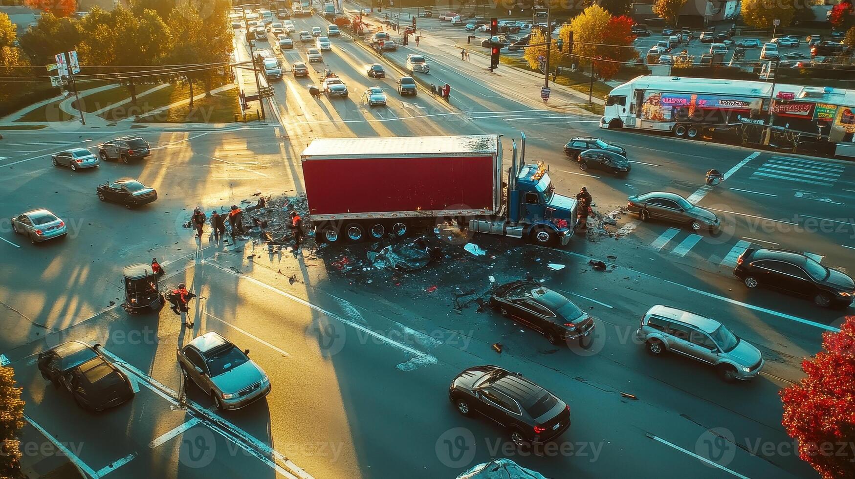 Aerial view of a serious truck accident at a busy intersection during sunset photo
