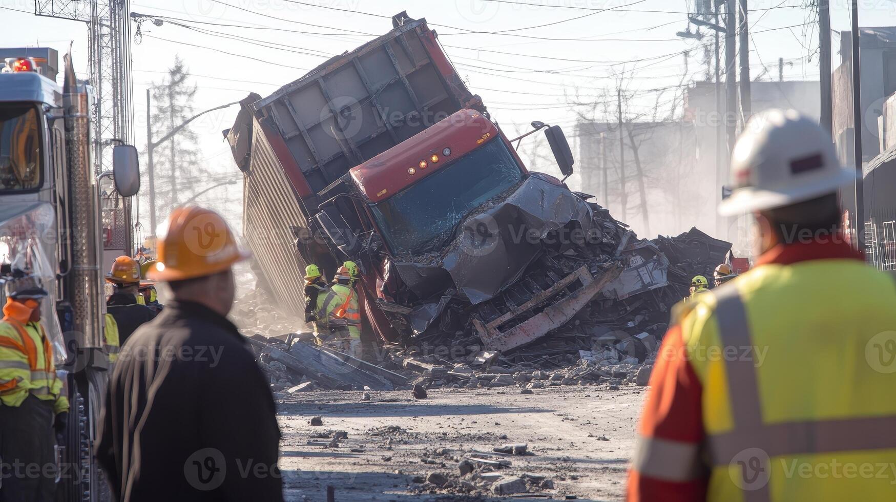 A truck has overturned amidst a construction site, with workers assessing the situation photo