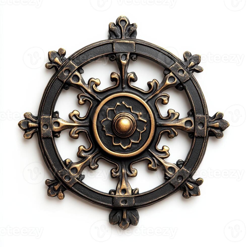 Ornate decorative wall piece featuring intricate metalwork and a central knob photo